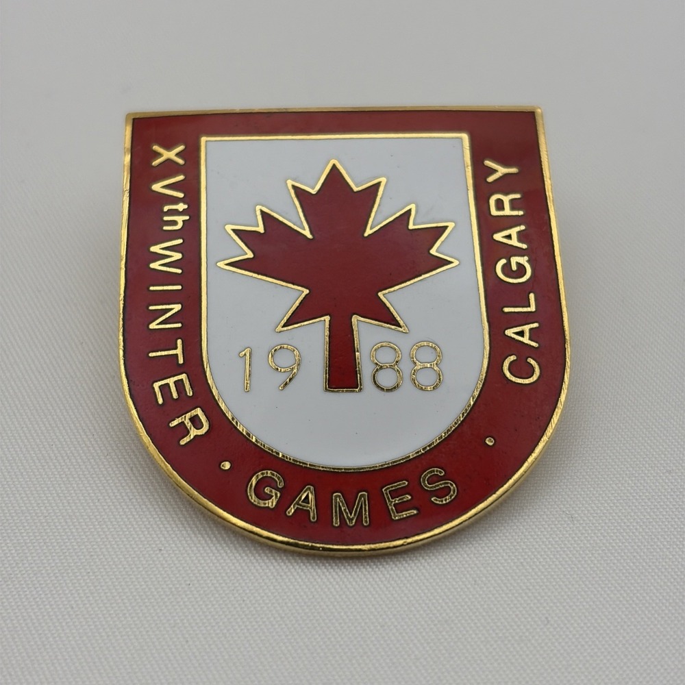 Vintage 1988 Calgary XV Winter Olympic Games Pin Maple Leaf Shield Big